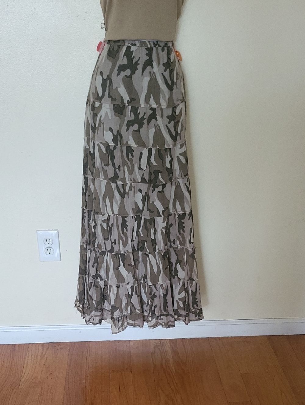 Camo Tiered Maxi Skirt - Olive Green. As Is.